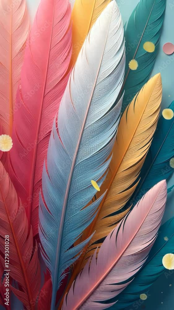 Poster a colorful feather arrangement with pink, blue, yellow, and green feathers. the feathers are arrange