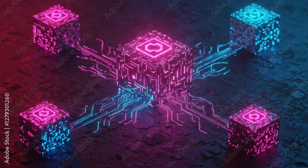 Poster a visually striking digital artwork depicting interconnected glowing cubes in a futuristic blockchai