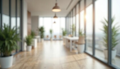 Fototapeta premium Blurred open space office interior. Modern design features wood floor and table with green plants. Window view. AI generated background. White abstract room.