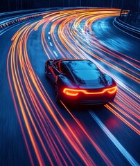 High-speed autonomous vehicle with dynamic light trails on a highway, representing the concept of futuristic transportation and electric vehicles