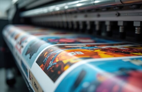 Close up of colorful flayer printing on machine. Magazine poster brochure production line, business concept. High quality colour document prints, graphic, advertising, marketing material.