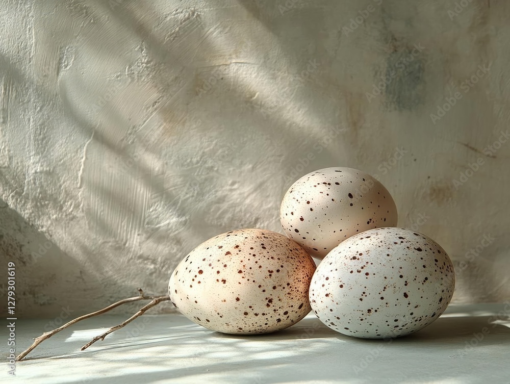 Poster three speckled eggs resting on a textured surface, with soft shadows creating a serene atmosphere