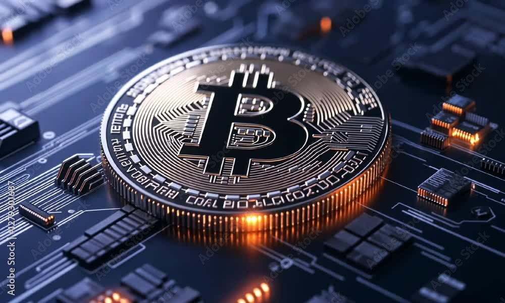 Aufkleber a detailed view of a bitcoin coin resting on a digital circuit board, symbolizing the intersection o