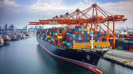 Fototapeta premium Container Ship at Port, Global Trade and Maritime Logistics