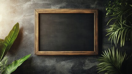 Empty Chalkboard Framed by Lush Green Plants on a Textured Surface, Perfect for Creative Ideas or Inspirational Messages in a Garden Setting