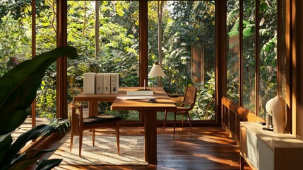 Obraz premium Modern Wooden Office with Lush Garden View