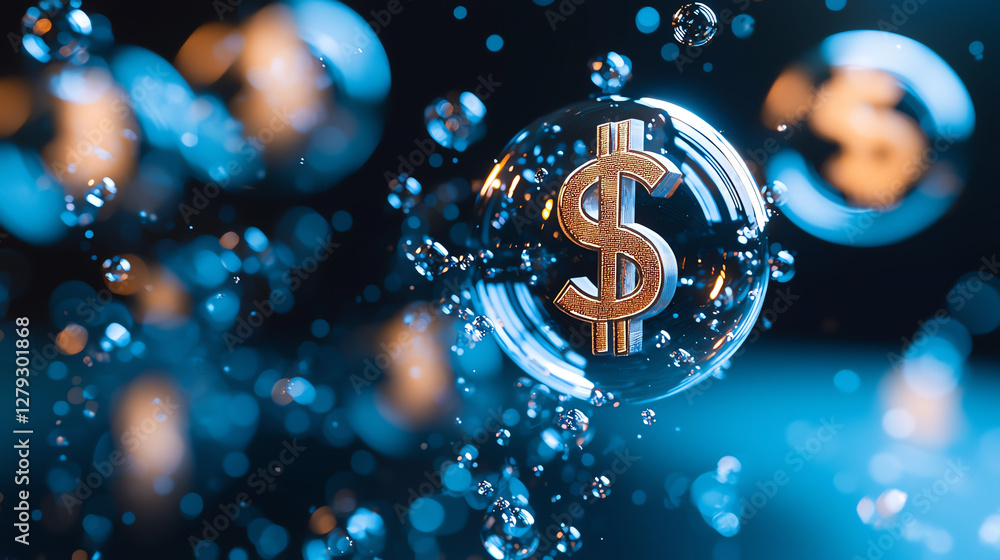 Poster colorful soap bubbles containing dollar signs float in dreamy atmosphere, symbolizing wealth and pro
