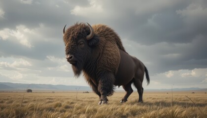 Fototapeta premium Majestic Bison Standing Amidst Open Prairie Under Dramatic Clouds
