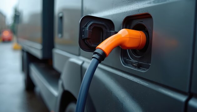 Close-up electric truck charged at charging station with orange power connector. Electric vehicle plugged in. Green energy transport concept. Zero emission cargo delivery. Commercial eco