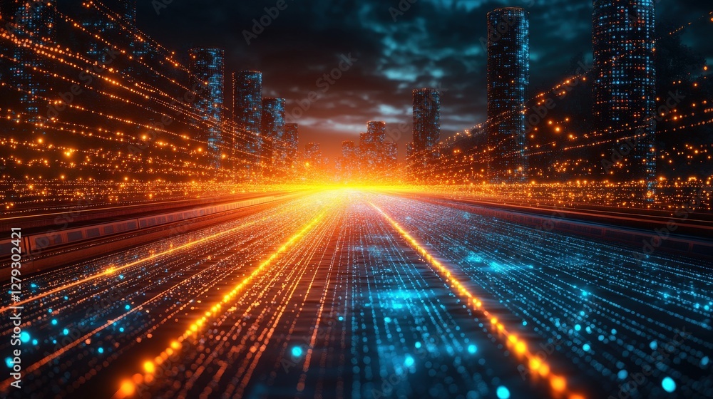 Poster futuristic cityscape at dusk with glowing data streams and skyscrapers in the background