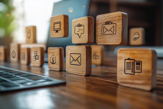 Wooden block icon represents digital document management system