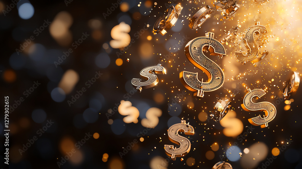 Poster golden dollar signs float against sparkling background, creating sense of wealth and prosperity. shi