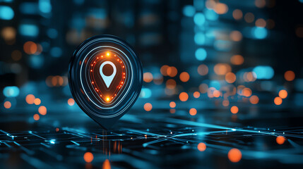 glowing location pin symbol on digital map with blue and orange lights, representing navigation and technology