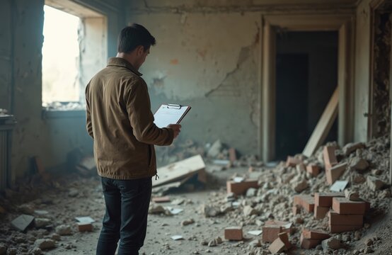 Insurance agent inspects damage in abandoned building. Man assesses property ruin, holds clipboard. Indoor debris, destruction, commercial loss, claim investigation after disaster, house collapsed.