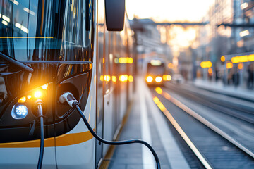 Electric bus charging at station during sunset, showcasing modern transportation technology and urban infrastructure. warm glow of lights adds vibrant atmosphere