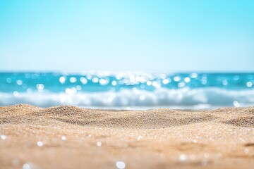Fototapeta premium Sparkling Ocean and Sandy Beach A Calming Seascape with Soft Sand and Blurred Ocean Waves Reflecting Sunlight