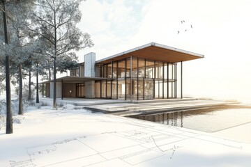 Modern architectural blueprint of a house with realistic lighting and scenic surroundings