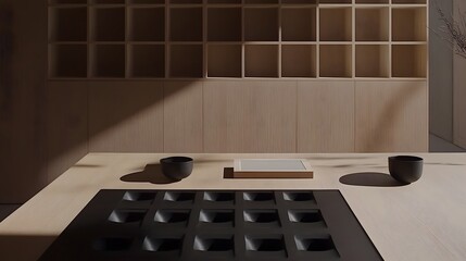 Minimalist Interior Featuring Tea Set on a Table with Wooden Wall and Geometric Accents