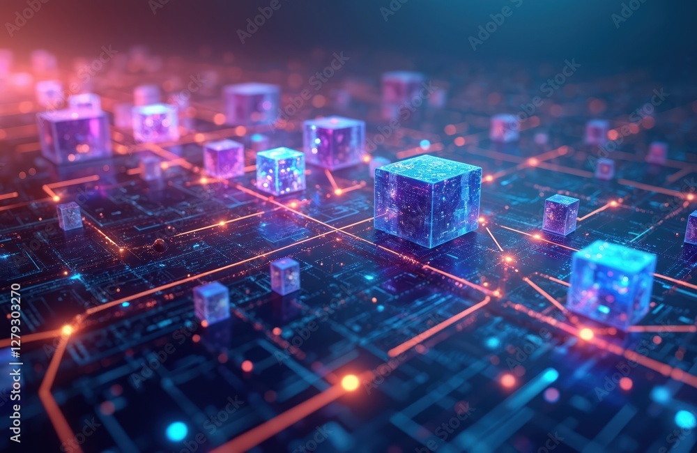 Poster abstract tech background with glowing cubes connected by lines. represents digital network, blockcha