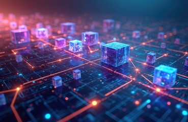 Abstract tech background with glowing cubes connected by lines. Represents digital network, blockchain, data flow. Futuristic design for business, technology, science themes. Smart infrastructure