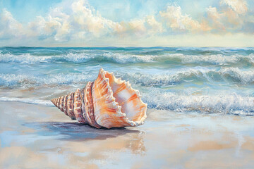 Conch Shell Resting on Sandy Beach with Gentle Ocean Waves"

