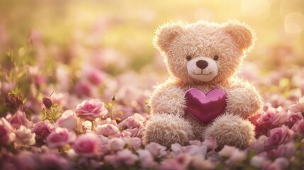 Fototapeta premium Adorable Teddy Bear Surrounded by Colorful Roses in Soft Light