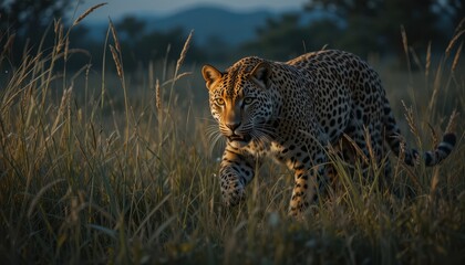 Majestic Leopard Stalking Through Tall Grass at Golden Hour