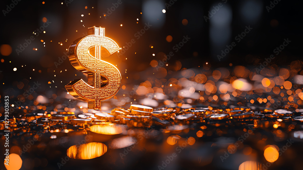 Poster large golden dollar sign floats above pile of coins, creating vibrant and dynamic scene filled with 