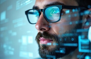 Close up of man wearing eyeglasses looking at holographic interface display. Futuristic tech, artificial intelligence, data analysis, business analytics, digital transformation, information tech in