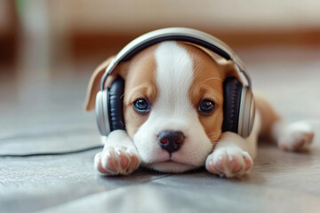 Adorable Young Puppy Enjoying Music with Headphones