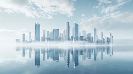 Obraz premium Serene Cityscape Reflection in Calm Water Under Dreamy Sky