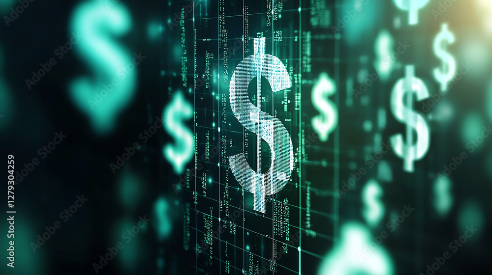 Poster dynamic background of floating dollar signs with digital grid. this conveys sense of financial growt