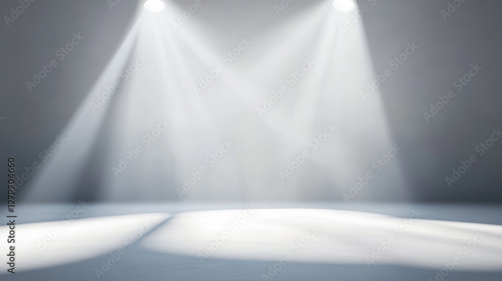 Poster bright light beams shine down onto an empty stage creating a dramatic atmosphere during a performanc