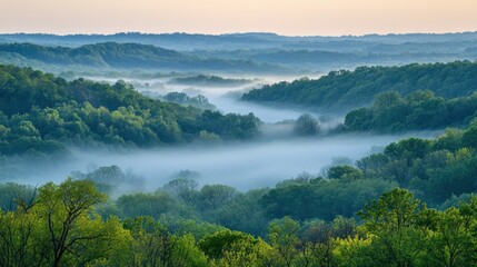 Misty Morning Valley Lush Green Forested Hills