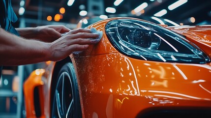 Close-up of Hands Applying Ceramic Coating to Luxury Automobile for Premium Detailing Service
