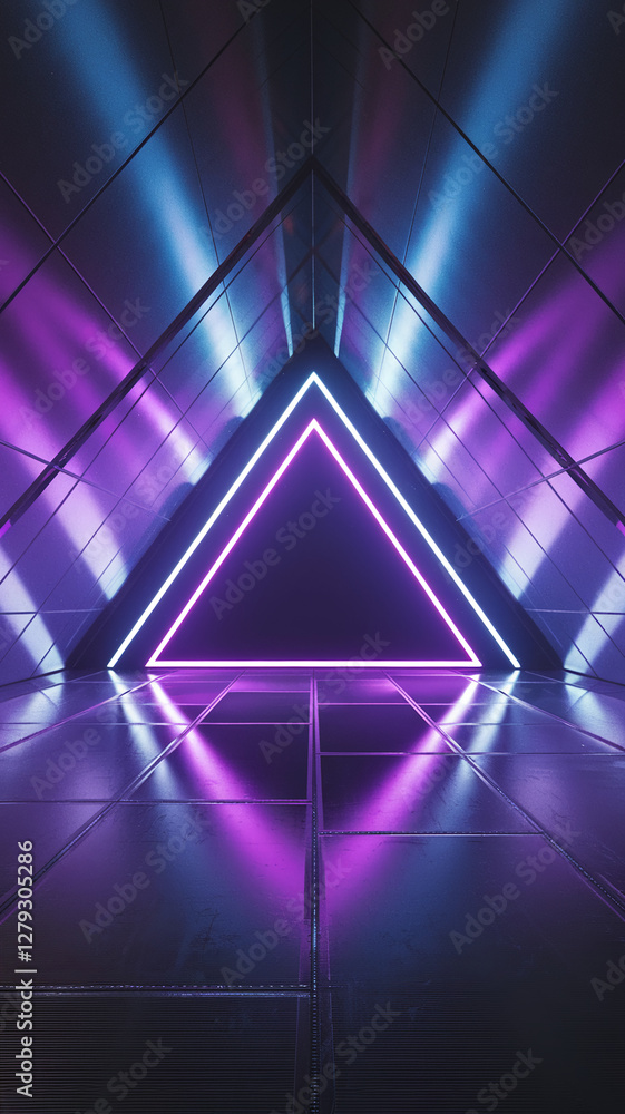 Poster futuristic digital tunnel with glowing purple neon lights and sharp angles leading to an illuminated