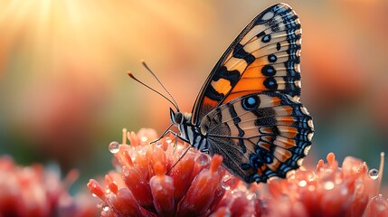 Obraz premium butterfly resting on a crimson flower in a serene garden with rays of sunlight shining on the dewdrops in the morning