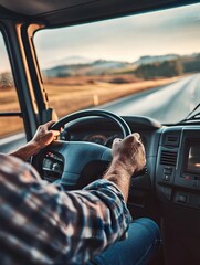 Focused Truck Driver's Hands Gripping the Steering Wheel on the Road