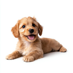 Fototapeta premium Adorable Labradoodle puppy laying on white background, showcasing its fluffy fur and playful expression. This cute dog exudes joy and charm, perfect for pet lovers
