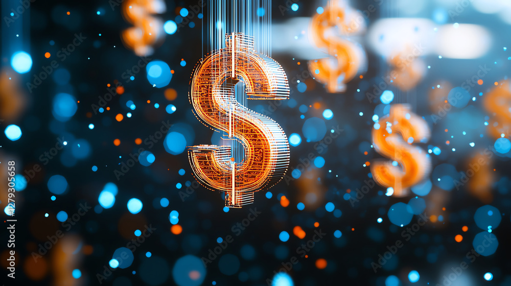 Poster vibrant dollar signs suspended in colorful background create dynamic financial theme. glowing effect