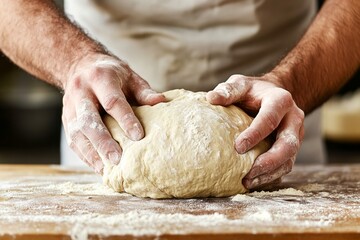 Male baker kneading dough on floured surface in artisan kitchen