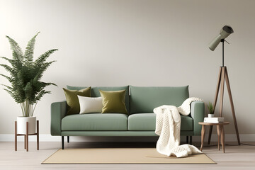 Green sofa and decor in living room on transparent background- 3D rendering