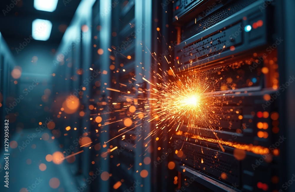 Poster critical system failure illustrated by sparks flying from server rack in data center causing network
