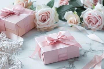 Pink gift boxes adorned with ribbons are arranged with pastel roses on a marble background