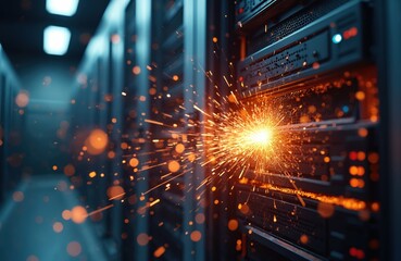 Critical system failure illustrated by sparks flying from server rack in data center causing network disruption, potential data loss. Short circuit, emergency, hardware malfunction, breakdown,