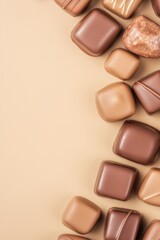 Assorted chocolate squares elegantly arranged on soft beige back