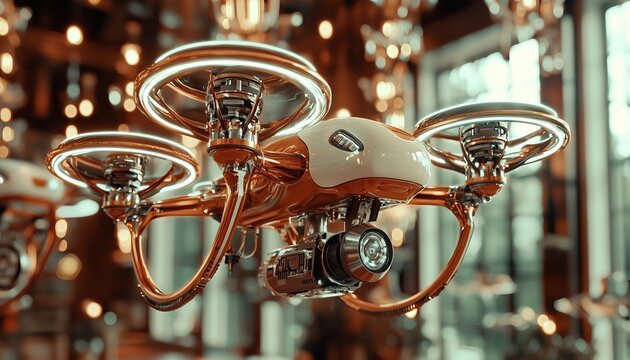 Ai powered drone performing automated security patrol with detailed mechanics and motion blur