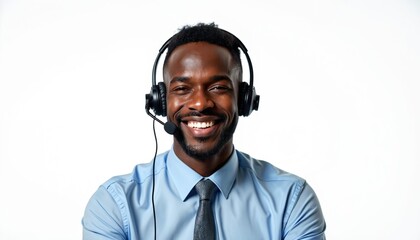 Friendly smiling African American call center operator wearing headset. Support service agent ready to assist clients. Confident man represents company as pro online representative. Customer service