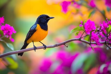 Fototapeta premium Vibrant black and orange bird on flowering branch in lush garden
