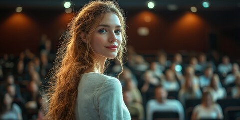Confident businesswoman delivering a keynote speech in a modern conference hall, engaging with a diverse corporate audience